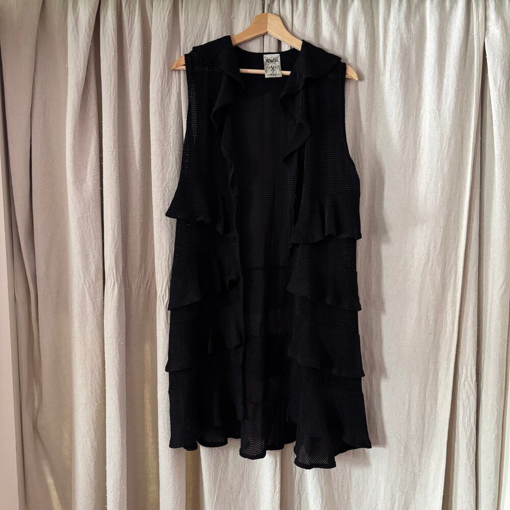 Black whimsigoth long open front ruffle‎ sleeveless cardigan